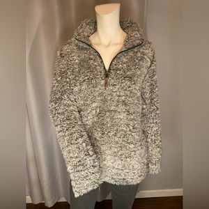Sherpa zip down V-neck sweater dark grey